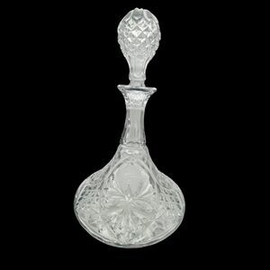 Vintage Glass Ships Decanter Floral Facets Pinecone Stopper Liquor Wine Home Bar